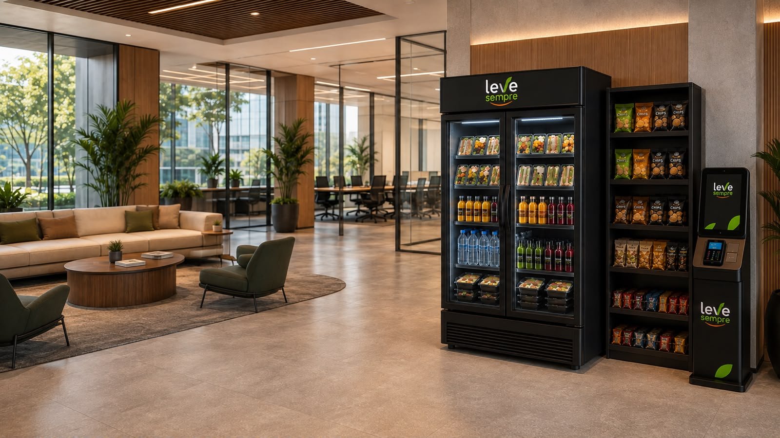 Geladeira inteligente Leve Sempre em ambiente corporativo, com saladas, lanches naturais e sucos