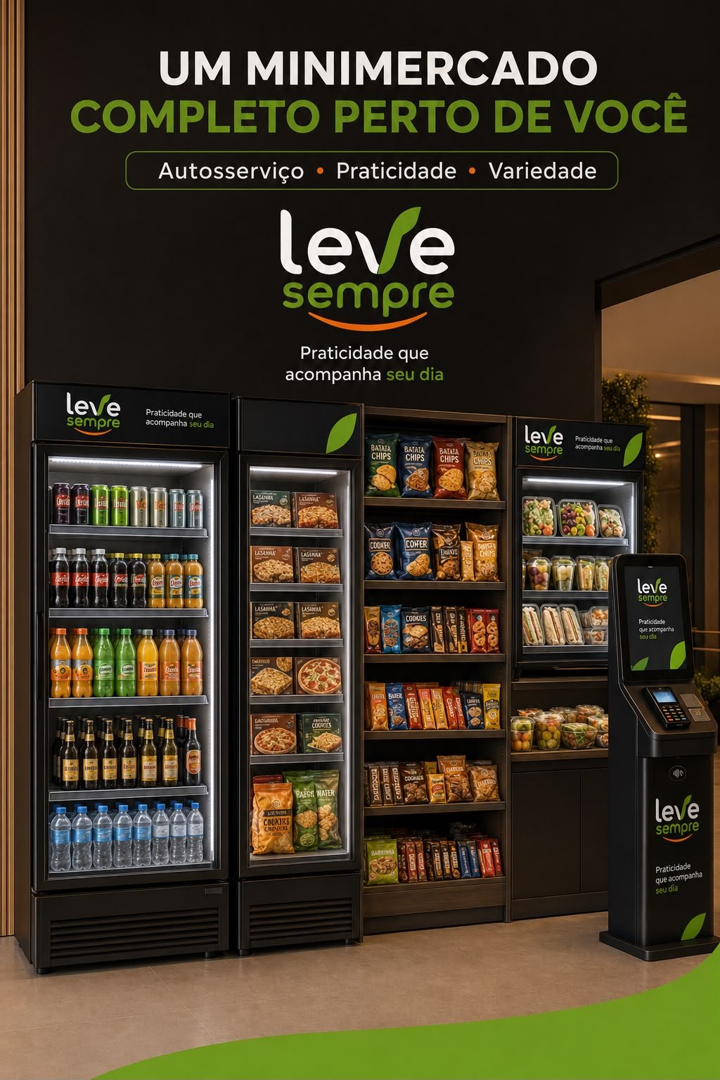 Mix completo Leve Sempre: bebidas, congelados, snacks e saladas frescas